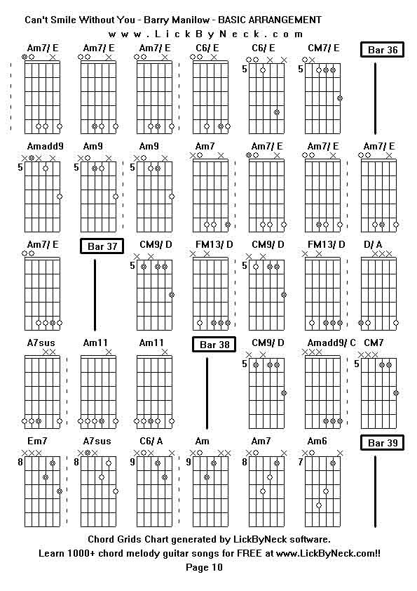 Chord Grids Chart of chord melody fingerstyle guitar song-Can't Smile Without You - Barry Manilow - BASIC ARRANGEMENT,generated by LickByNeck software.